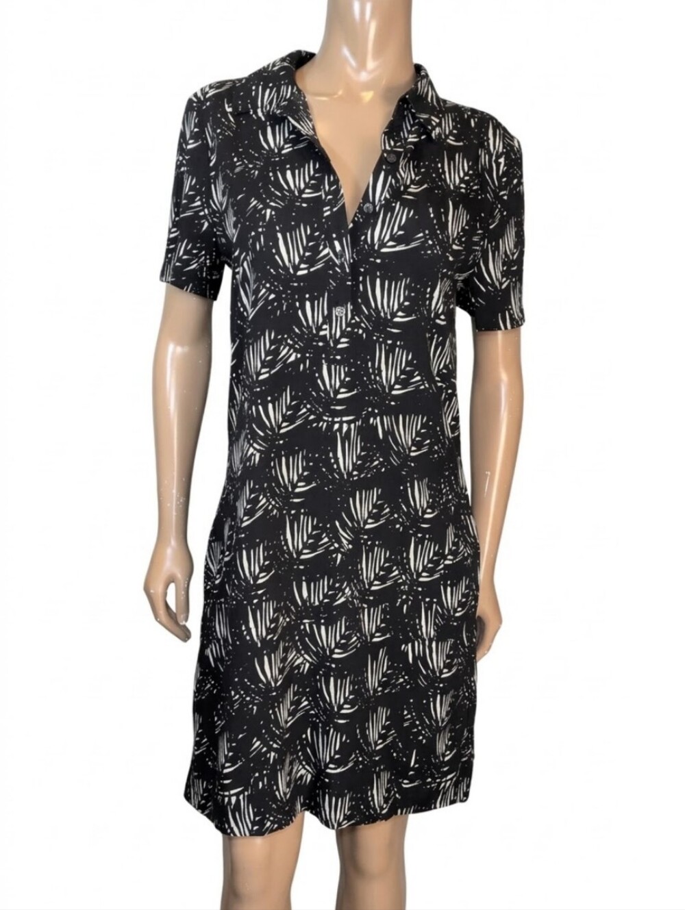 Joe Fresh Shirt Dress Womens Size 8 Black White Palm Leaf Print Pockets Henley